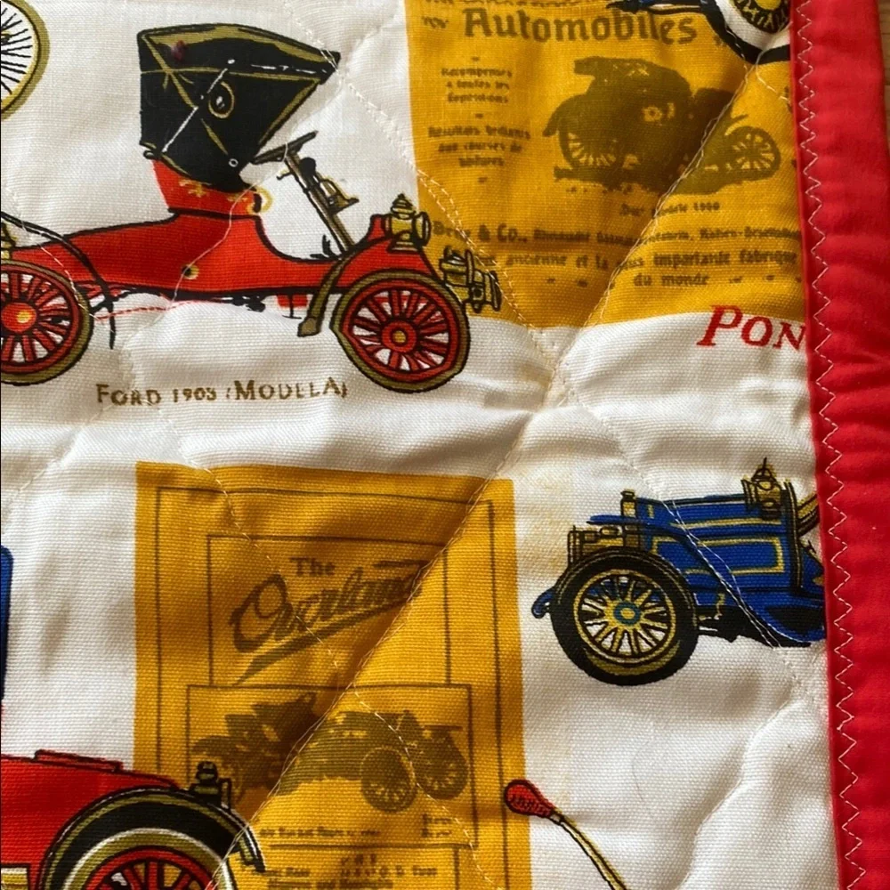 Vintage Car Print Quilt with Red and Black Border Cottagecore Retro Prairie